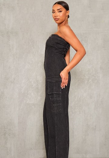 Tall Washed Black Bandeau Cargo Pocket Detail Jumpsuit