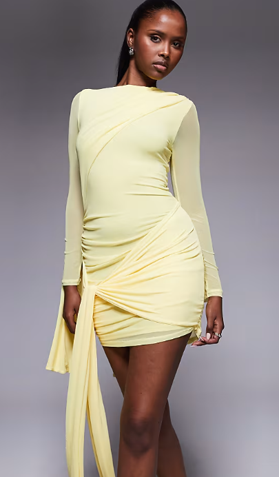 ASOS DESIGN mesh tie shoulder mini dress with knot drape detail in pastel yellow