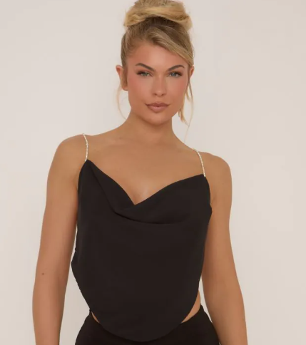 Diamante Strap Detail Cowl Neck Top In Black Satin