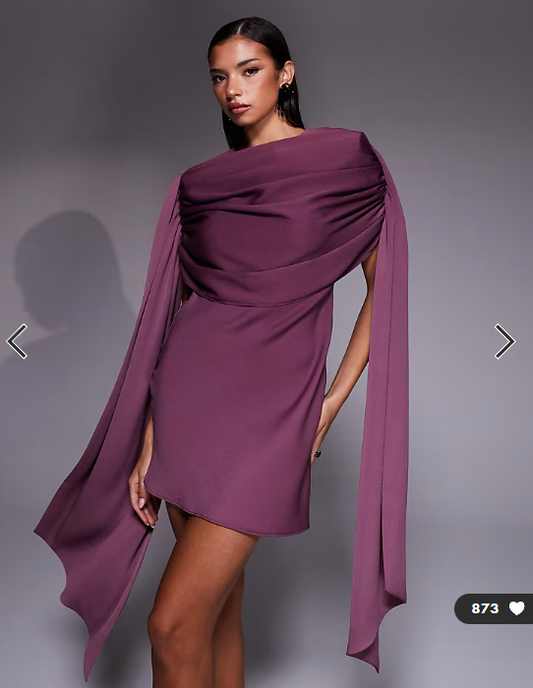 ASOS DESIGN satin shoulder pad mini dress with ruched bodice overlay and side sash details in grape
