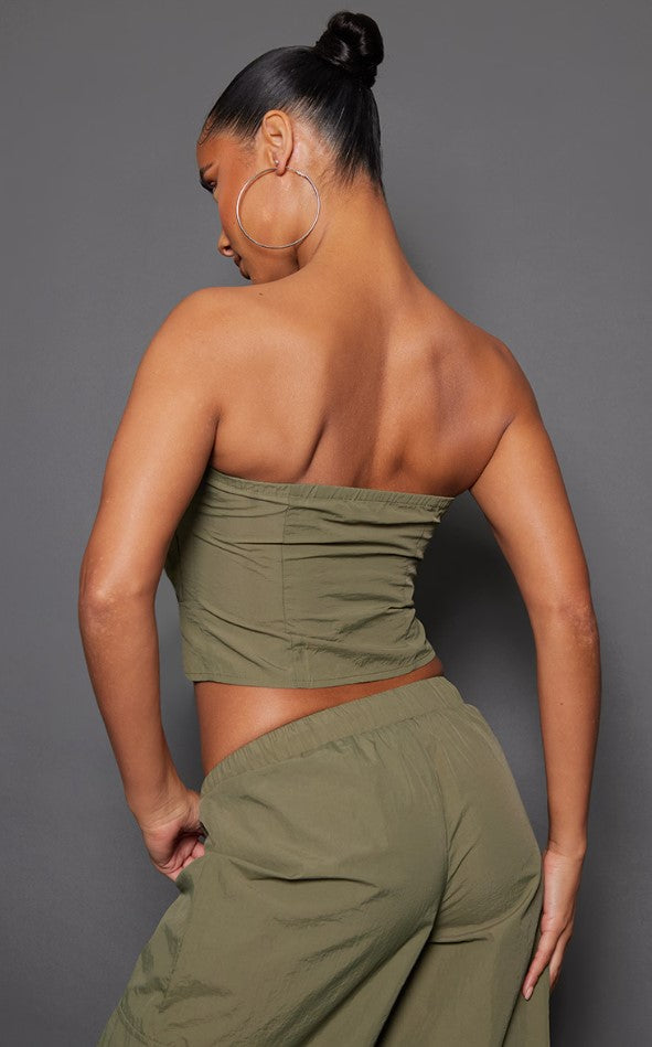 Khaki Shell Zip Up Pocket Front Bandeau Corset