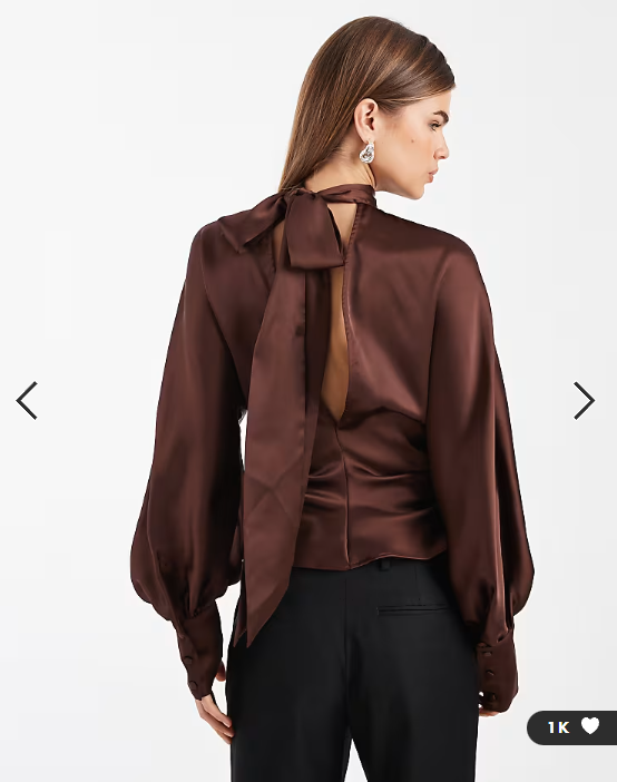 ASOS DESIGN satin high neck batwing blouse in chocolate