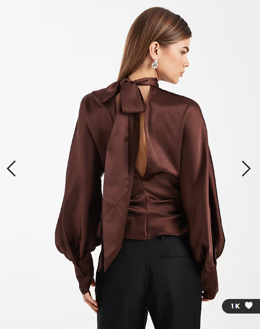 ASOS DESIGN satin high neck batwing blouse in chocolate