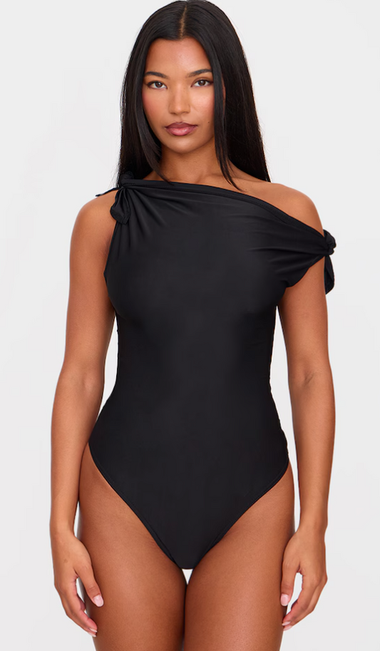 Black Slinky Tie Shoulder Asymmetric Bodysuit