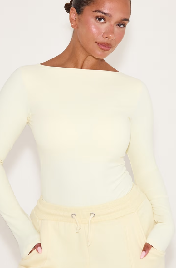 Prettylittlething Shape BUTTER CREAM Built In Bra Sculpt Boat Neck Long Sleeve Bodysuit