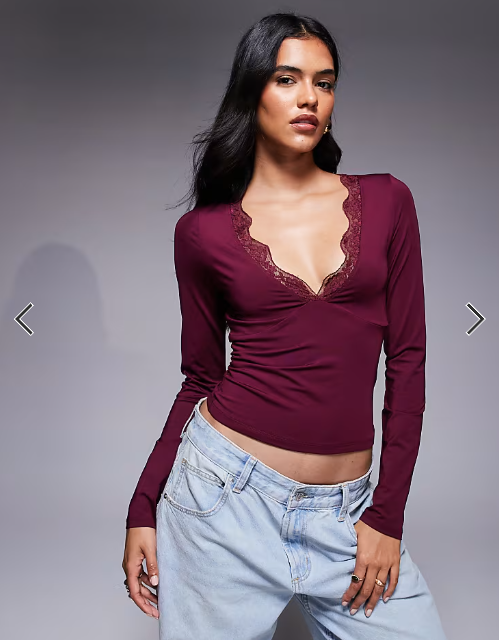 ASOS DESIGN slinky long sleeve deep v neck top with lace in burgundy
