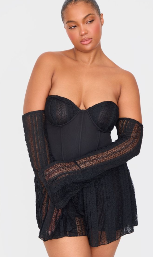 Plt - Plus Black Textured Lace Corset Detail Long Sleeve Playsuit