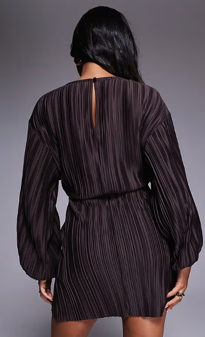 ASOS DESIGN plisse blouson sleeve and waist mini dress in chocolate