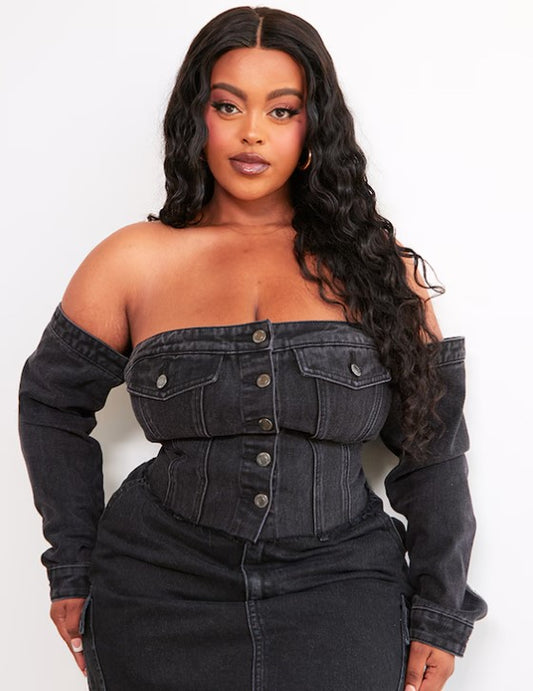 Plus Black Button Up Bardot Denim Corset