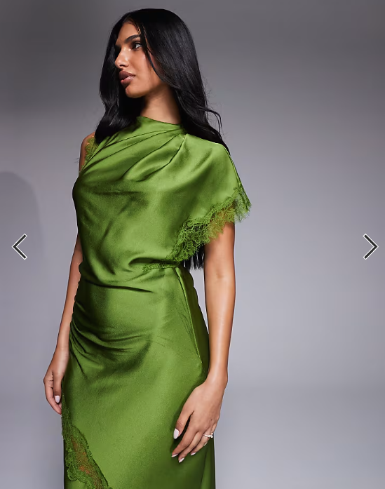 Forever New satin and lace asymmetric shoulder maxi dress in green