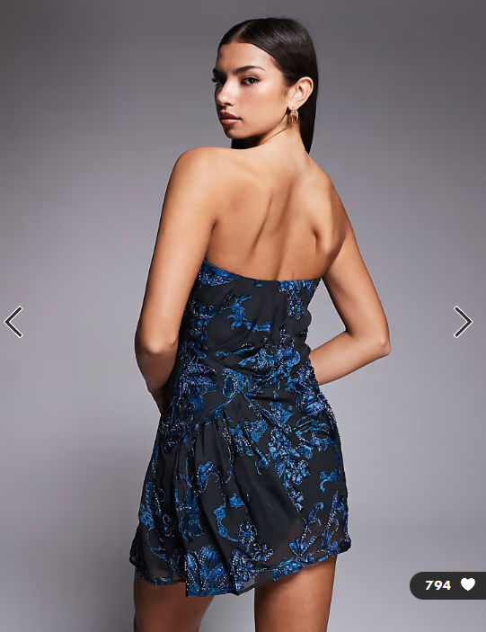 ASOS DESIGN bandeau drape devore embellished mini dress in dark blue floral print