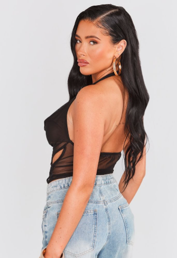 Black Printed Mesh Longline Open Back Cami Long Top