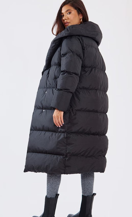 Black Chevron Quilted Maxi Puffer Coat