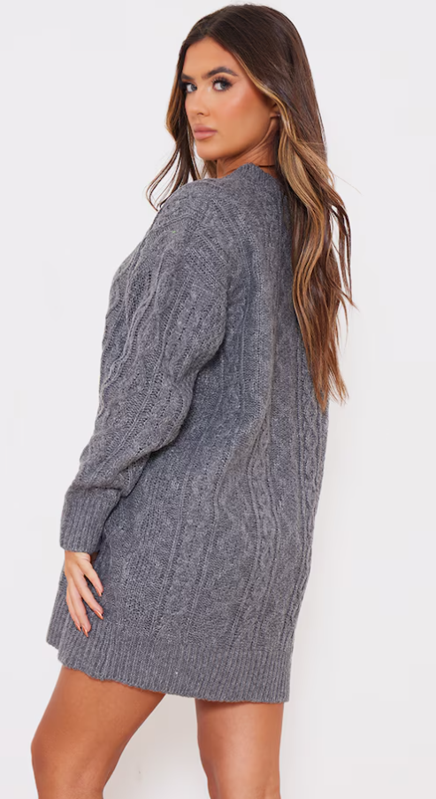 Charcoal Crew Neck Cable Knit Sweater Dress