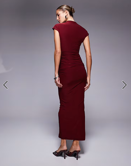 Kaiia exclusive double layered slinky high neck cap sleeve bodycon maxi dress in burgundy