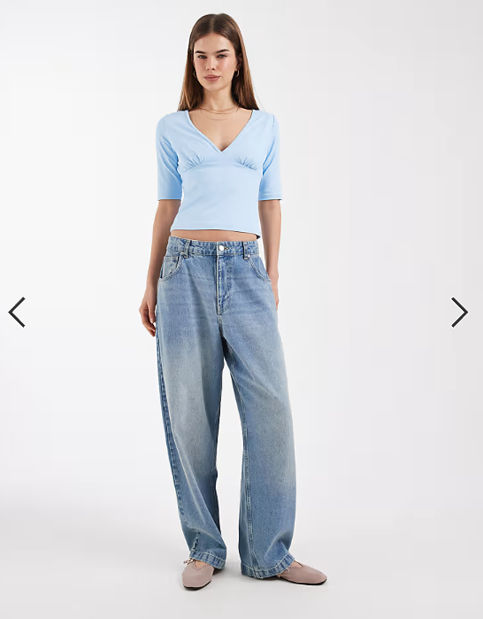 ASOS DESIGN polyamide short sleeve plunge neck top in blue