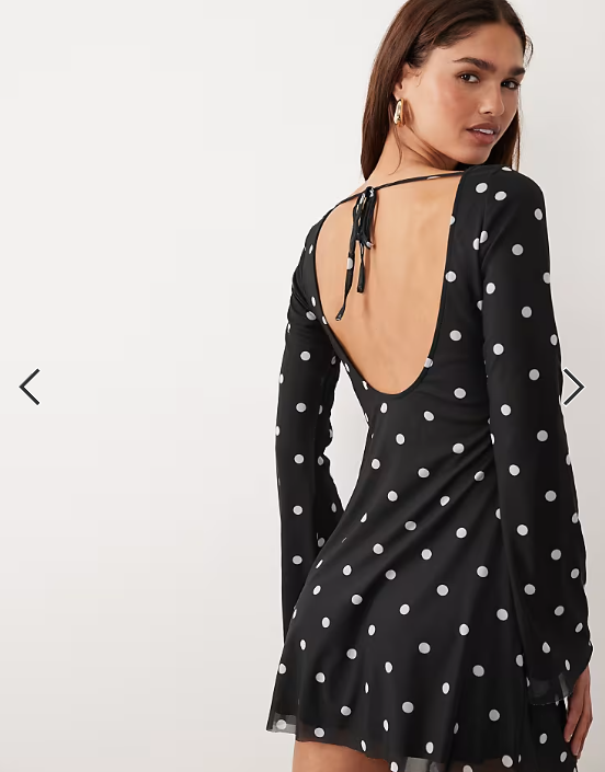 Princess Polly Lukea mesh flare sleeve open back mini dress in black polka