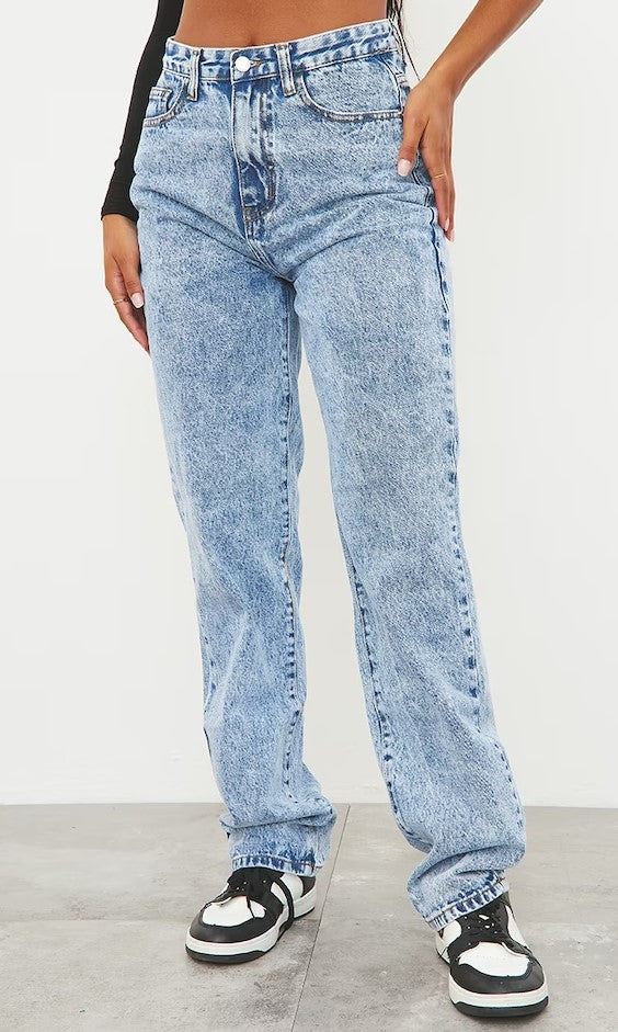 Mid Blue Acid Wash High Waist Straight Leg Jeans