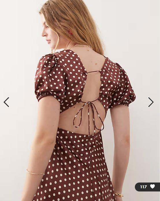 Reclaimed Vintage midi tea dress with puff sleeve and cross back in brown polka dot