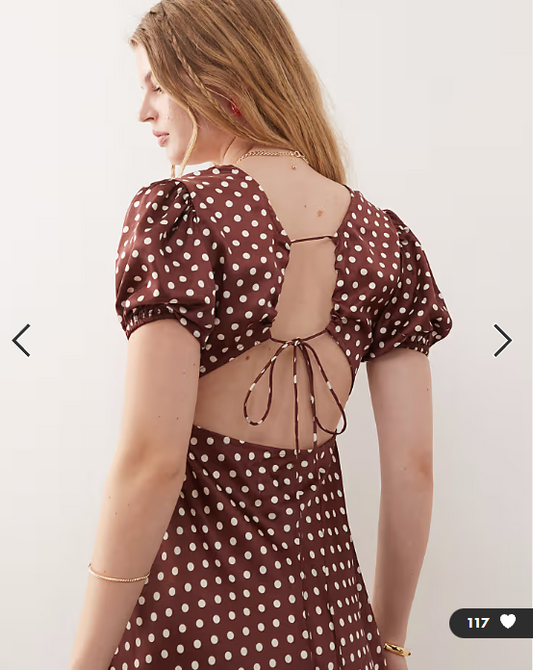 Reclaimed Vintage midi tea dress with puff sleeve and cross back in brown polka dot