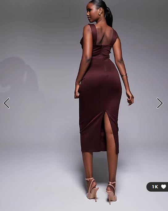 ASOS DESIGN square neck pleat bust midi pencil dress in chocolate