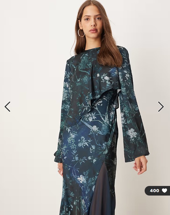 Asos - satin long sleeve cape detail maxi dress in navy floral print