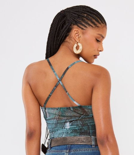 Mesh Denim Print Ruch Front Cut Out Long Top