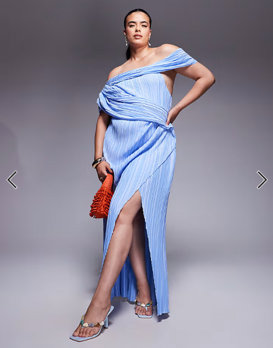 ASOS DESIGN Curve plisse drape shoulder maxi dress with wrap skirt in pastel blue