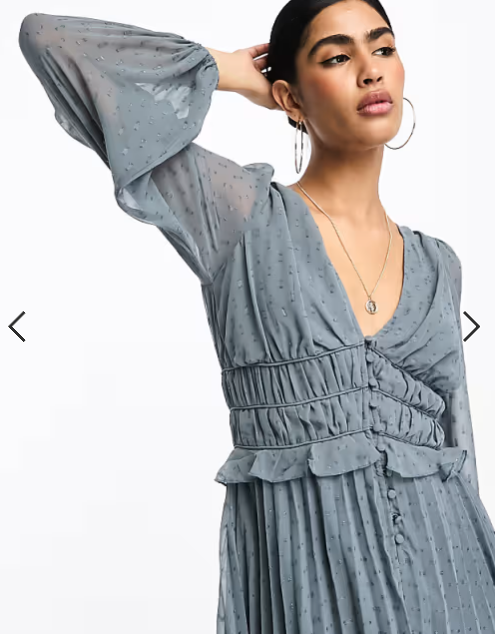 ASOS DESIGN button through ruched waist pleated midi dress in metallic dobby in silver grey