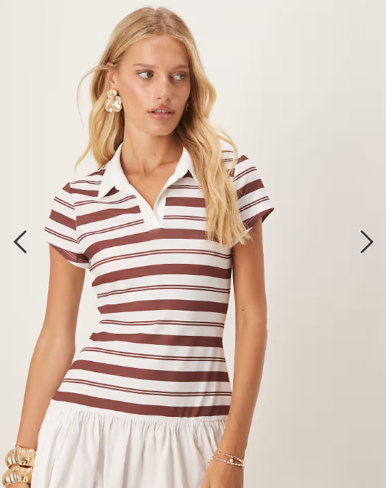 ASOS DESIGN short sleeve polo mini dress with poplin skirt in white and burgundy stripe