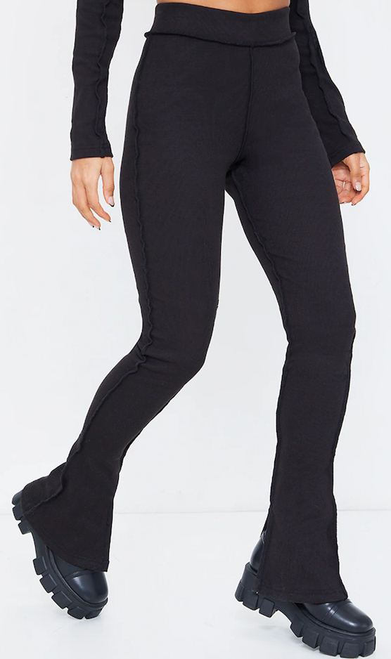 Black Structured Rib Stitch Detail Split Hem Flared Trousers