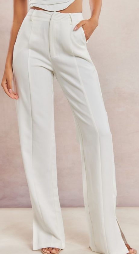 Plt - White Wide Leg Split Hem Trousers