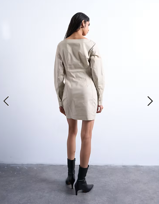 Topshop waisted ovoid sleeve slash neck mini dress in taupe