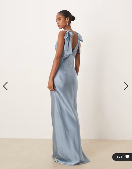 Pretty Lavish Bridesmaid Piper satin bow shoulder v neck maxi dress in dusty blue