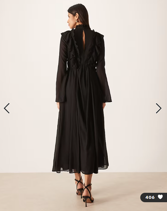 Asos - high neck ruffle maxi dtess with lace inserts and ties in midnight black