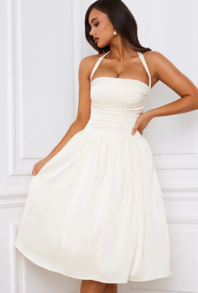 OhPolly-Halterncek Lace Up Ruched Corset Midi Dress In Ivory