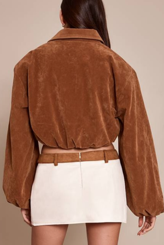 PLT  suede balloon sleeve covered placket jacket