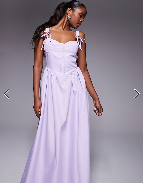 Kaiia exclusive cotton rich poplin corset tie strap detail gathered skirt maxi dress in lilac