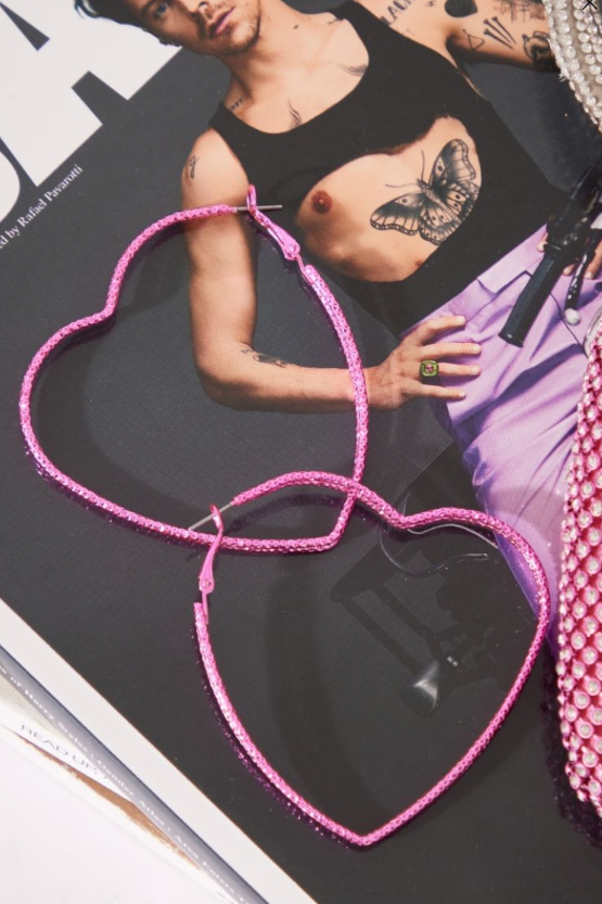 Pink Chrome Textured Heart Outline Statement Earrings