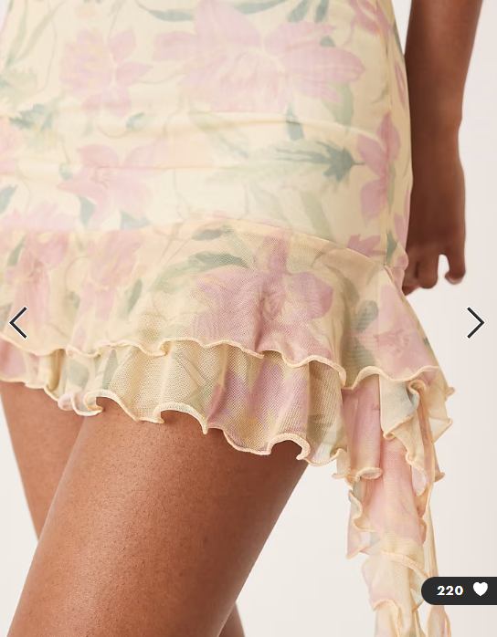 ASOS DESIGN mesh cowl neck mini dress with ruffle hem in pink ditsy print