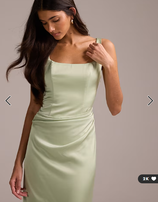 ASOS DESIGN bridesmaids square neck satin maxi dress with asymmetric skirt overlay in sage green