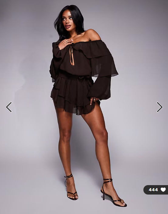 Murci chiffon bardot tiered ruffle mini dress in chocolate