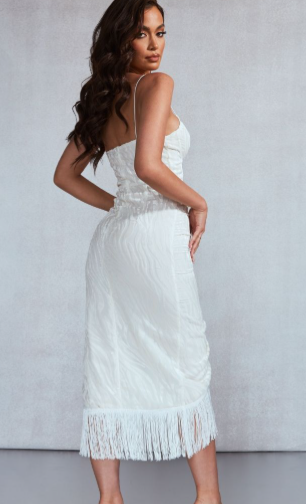 White Devore Tassel Detail Underwired Draped Midi Dress