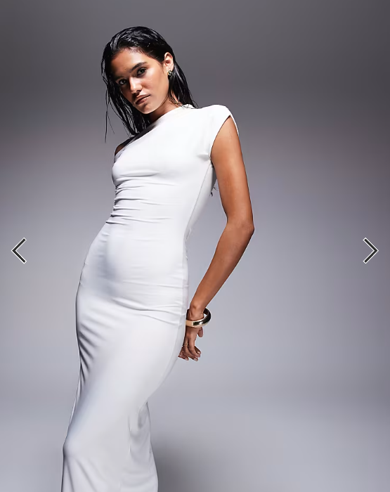 Kaiia exclusive double layered slinky drape off shoulder bodycon maxi dress in white