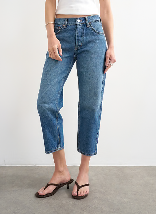 topshop runway mid riswe straight cropped jeans in mid blue