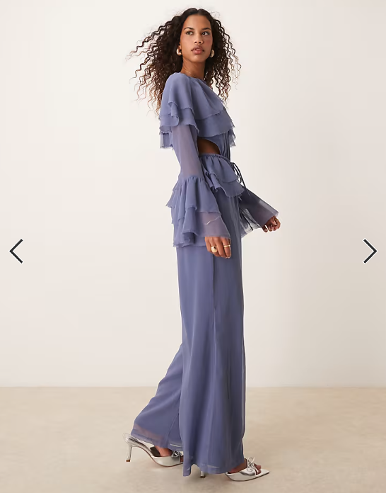 ASOS DESIGN exaggerated ruffle sleeve jumpsuit with cut out waist in blue