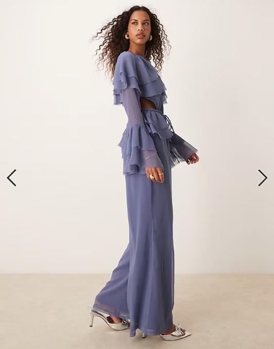 ASOS DESIGN exaggerated ruffle sleeve jumpsuit with cut out waist in blue