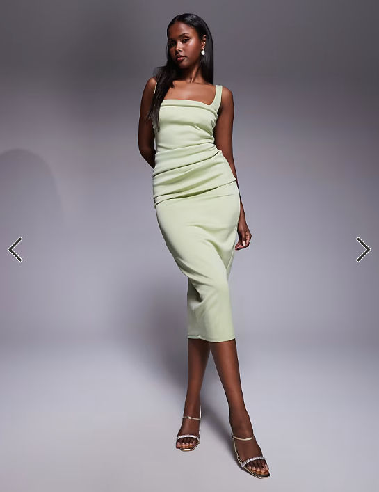 ASOS DESIGN curved neckline midi dress with split in sage green in scuba-style fabric