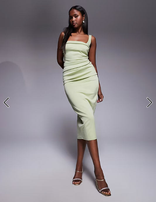 ASOS DESIGN curved neckline midi dress with split in sage green in scuba-style fabric