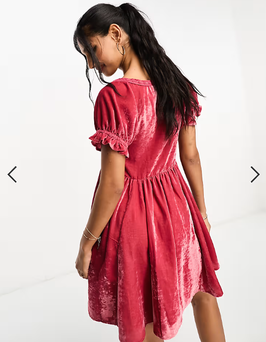 ASOS DESIGN velvet prairie mini dress with ribbon trim in dark rose